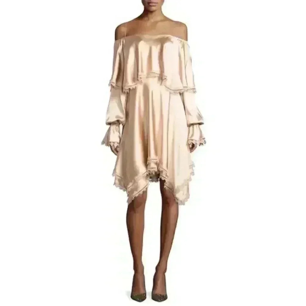 Jonathan Simkhai Off-the-Shoulder Long-Sleeve Fluid Sateen Short Dress, Size 4